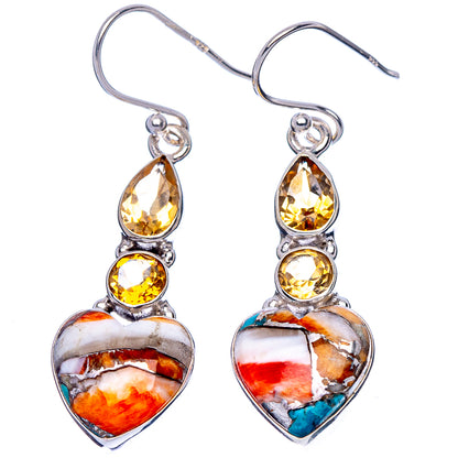 Spiny Oyster Turquoise, Citrine Heart Earrings 1 3/4" (925 Sterling Silver) E1791