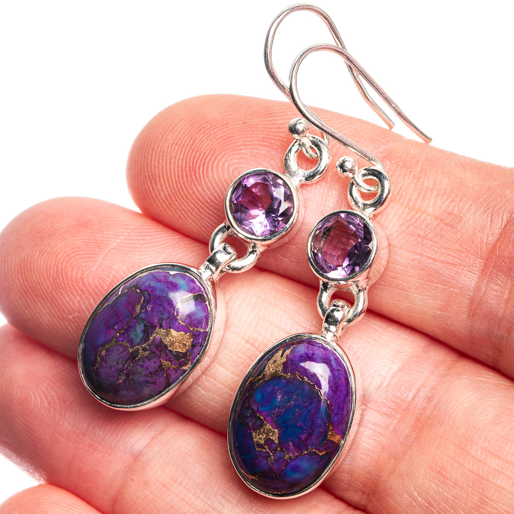 Sterling silver drop earrings with purple oval gemstone and round amethyst accents