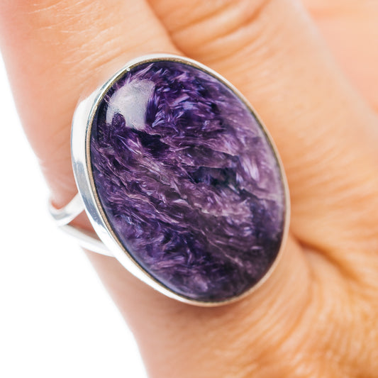 Oval purple charoite cabochon ring, .925 sterling silver, size 9
