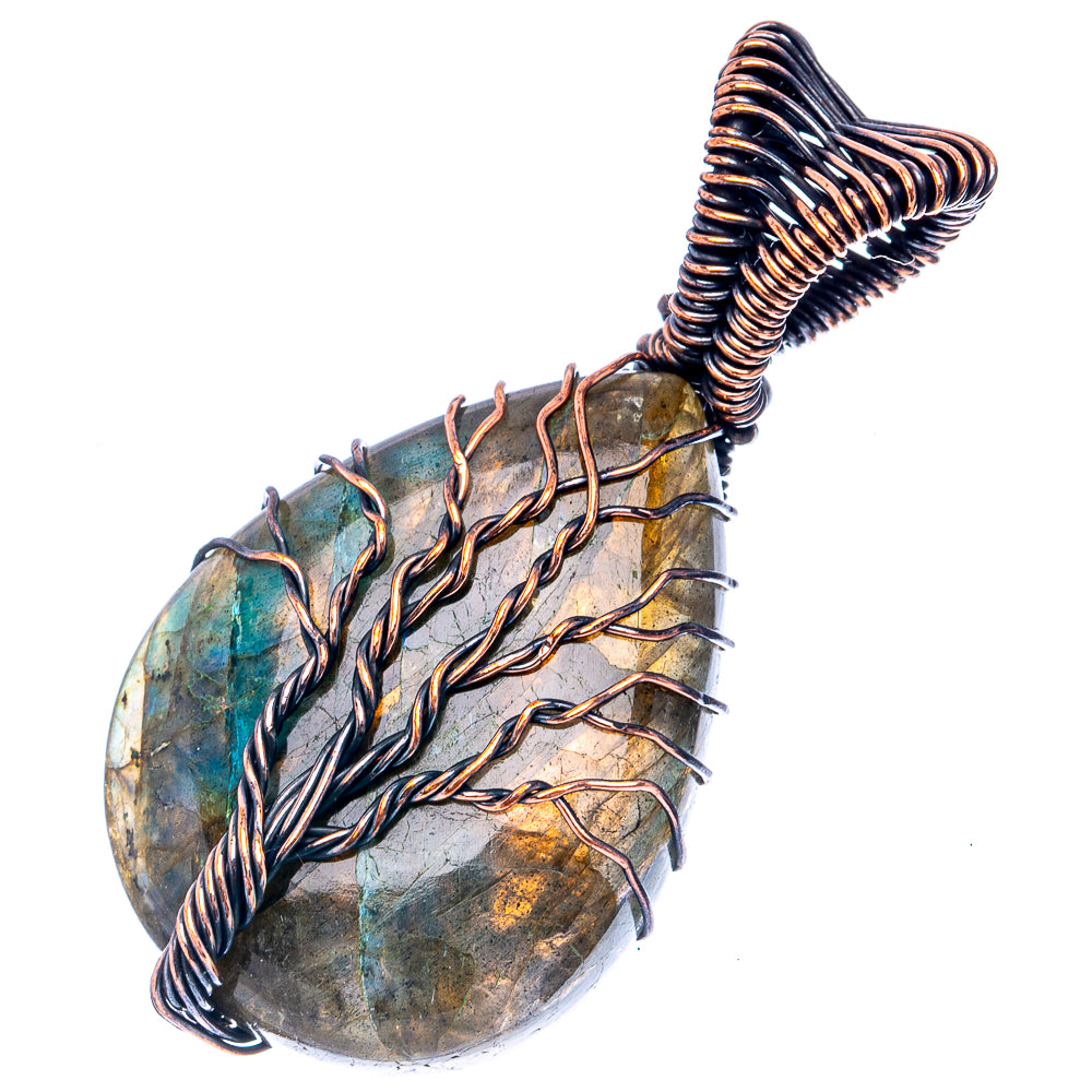 Oxidized copper wire tree-of-life pendant with oval labradorite cabochon