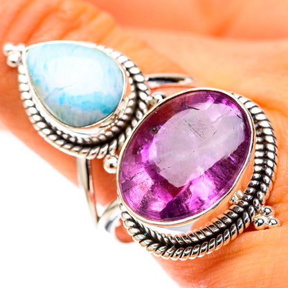 Sterling silver ring with oval amethyst and teardrop larimar, rope bezel settings