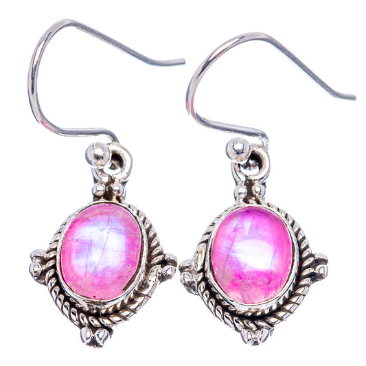 Pink oval moonstone drop earrings, silver-tone ornate settings and fishhook backs