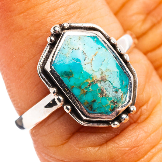 Turquoise gemstone bezel ring in .925 sterling silver, octagon face, size 6.75