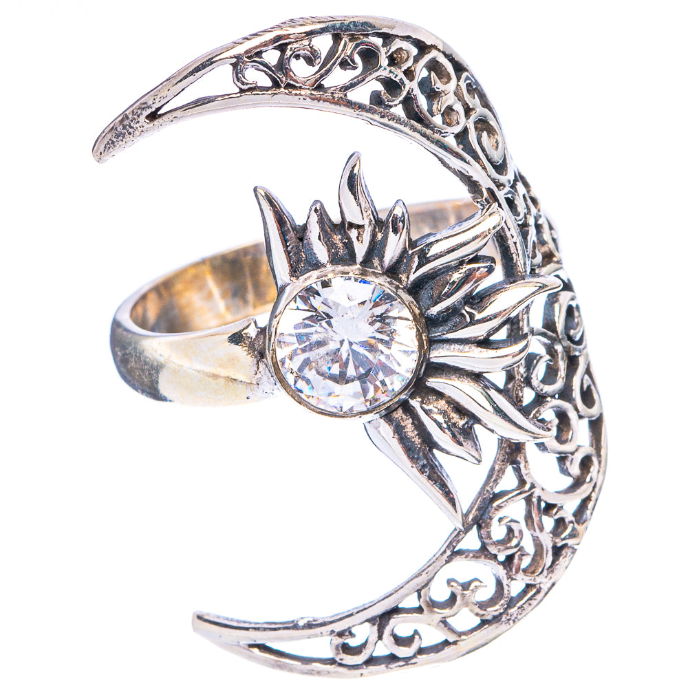 Adjustable 925 sterling silver moon sun ring with round crystal center and openwork band