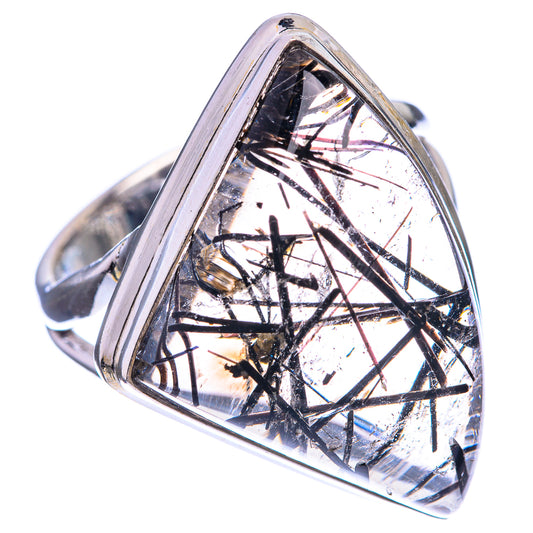 Large Tourmalinated Quartz 925 Sterling Silver Ring Size 8.75