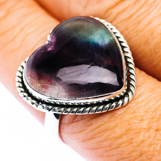 Premium Rainbow Fluorite Heart Ring Size 9.5 (.925 Sterling Silver)