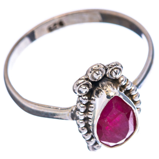 925 sterling silver ring with red teardrop gemstone and round bead details on band