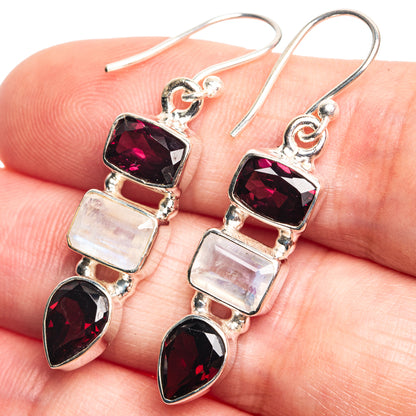 Rainbow Moonstone, Garnet Earrings 1 5/8" (925 Sterling Silver) E432730