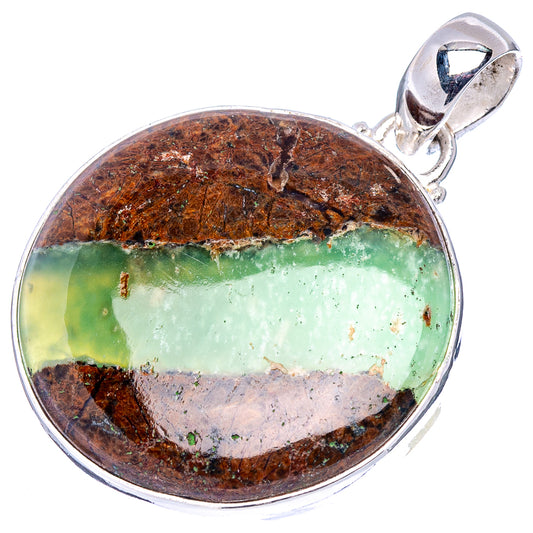 Sterling silver chrysoprase pendant, round cabochon with green center and brown matrix bezel