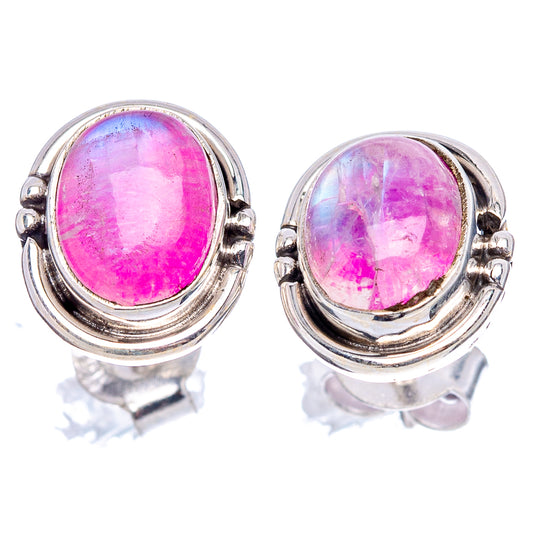 Sterling silver oval pink gemstone stud earrings with bezel and side details