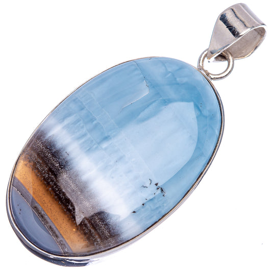 Oval blue opal cabochon pendant with sterling silver bail and dark brown matrix