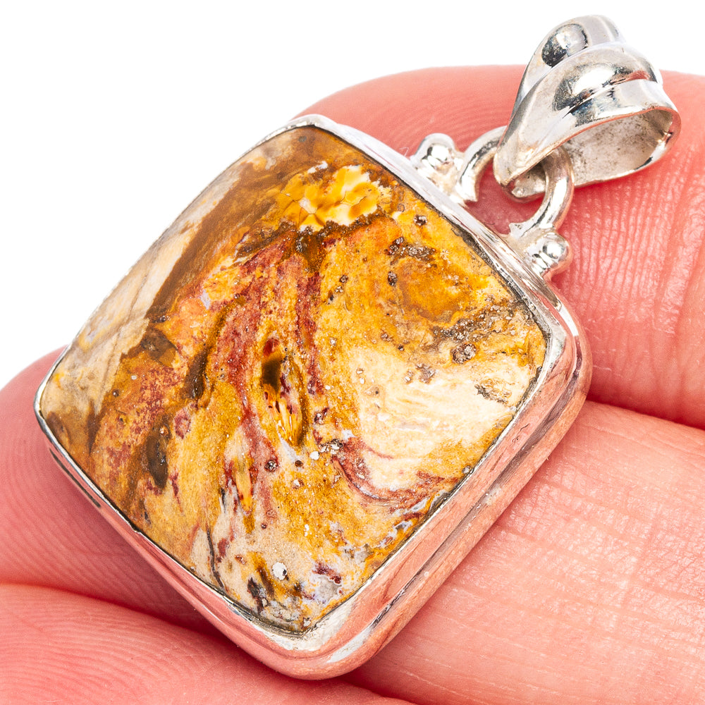 Picture jasper pendant with rectangular cabochon, silver-toned frame and top bail
