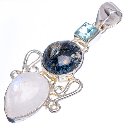 Premium Pietersite, Rainbow Moonstone, Blue Topaz Pendant 1 7/8" (.925 Sterling Silver)