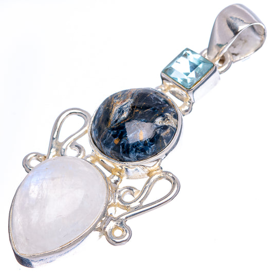 Sterling silver gemstone pendant with oval moonstone, round pietersite, square light-blue topaz