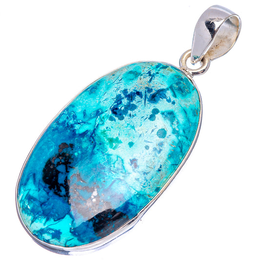 Shattuckite oval pendant in .925 sterling silver setting, bright blue with darker veining