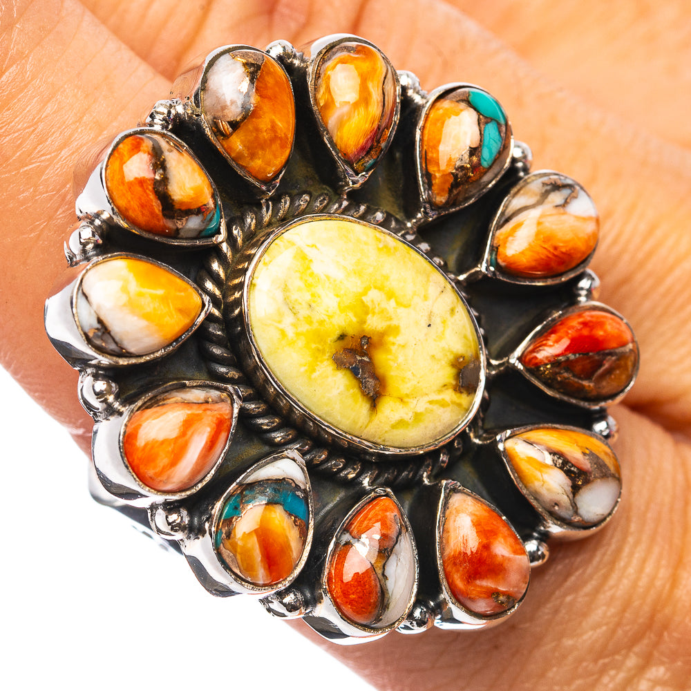 Exclusive Southwestern Style Sonoran Gold Turquoise, Spiny Oyster Turquoise Ring Size 8 Adjustable (.925 Sterling Silver)