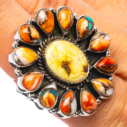 Exclusive Southwestern Style Sonoran Gold Turquoise, Spiny Oyster Turquoise Ring Size 8 Adjustable (.925 Sterling Silver)