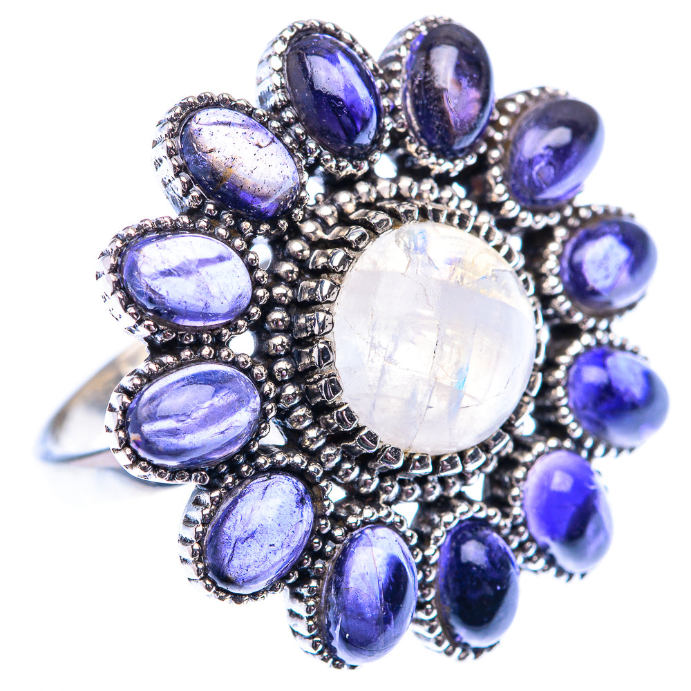 Sterling silver halo ring with round rainbow moonstone and oval purple-blue accents