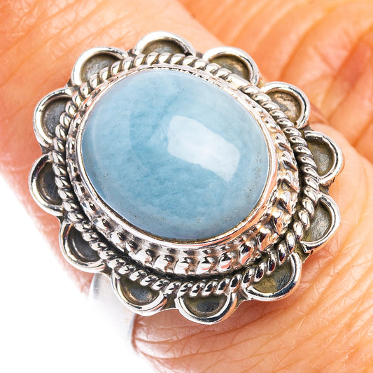 Angelite oval cabochon ring in .925 sterling silver, ornate rope-edge bezel