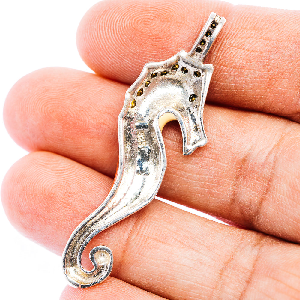 Cubic Zirconia Seahorse Inlay Pendant 2" (.925 Sterling Silver)