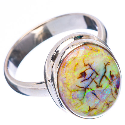 Size 7 sterling silver opal ring, round opal cabochon in bezel with split-toned iridescence