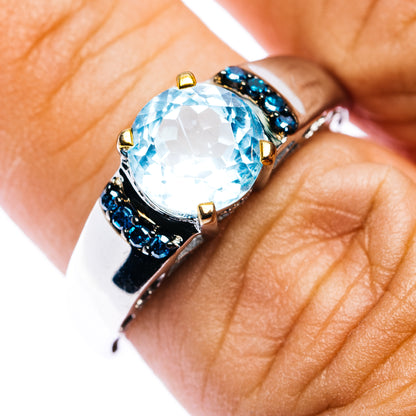 Blue Topaz, Blue Diamond Ring Size 6.75 (.925 Sterling Silver)