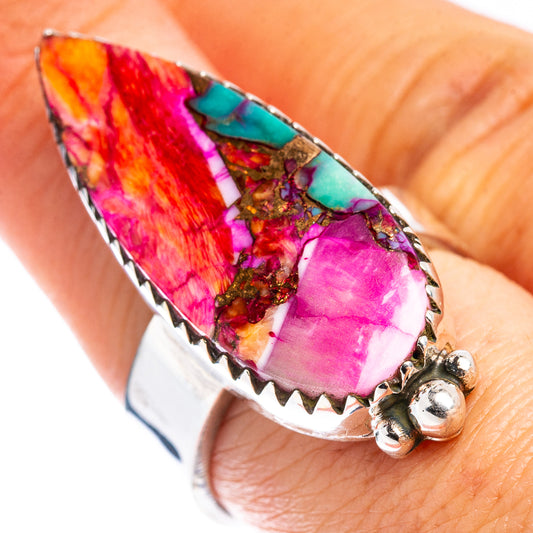 Sterling silver ring with multicolor teardrop gemstone and turquoise top inlay