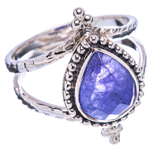 Teardrop tanzanite-style ring in .925 sterling silver with prong and bead halo