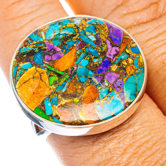 Sterling silver turquoise mosaic statement ring, purple and gold inlay, round cabochon