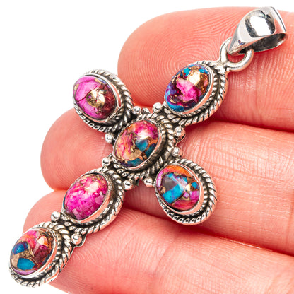 Kingman Pink Dahlia Turquoise Cross Pendant 2" (925 Sterling Silver) P43100