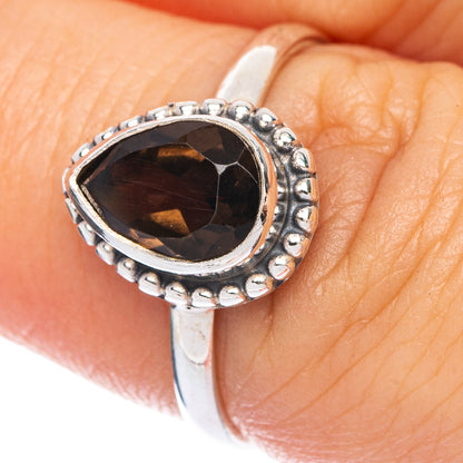 Smoky quartz dainty ring in 925 sterling silver, bezel-set dark oval stone