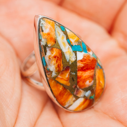 Sterling silver teardrop spiny oyster turquoise ring, patterned orange, white, teal