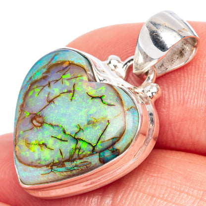 Rare Sterling Opal Heart Pendant 1 1/8" (925 Sterling Silver) P41578
