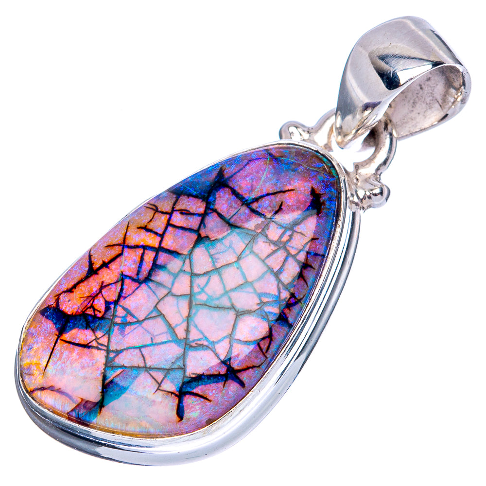 Sterling silver teardrop opal pendant with iridescent blue and pink cabochon