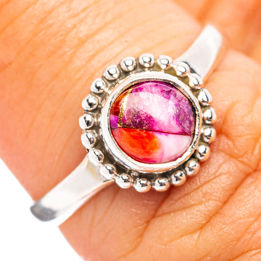 Sterling silver ring with round pink gemstone and beaded halo, dahlia style
