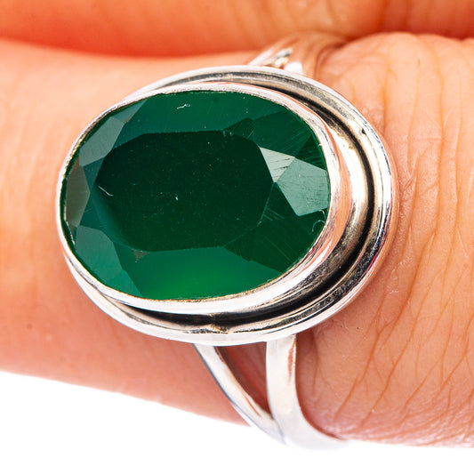 Sterling silver ring with faceted green onyx oval gemstone setting