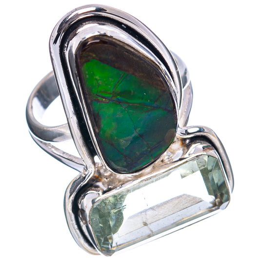 Green ammolite oval ring with light green rectangular stone in .925 sterling silver