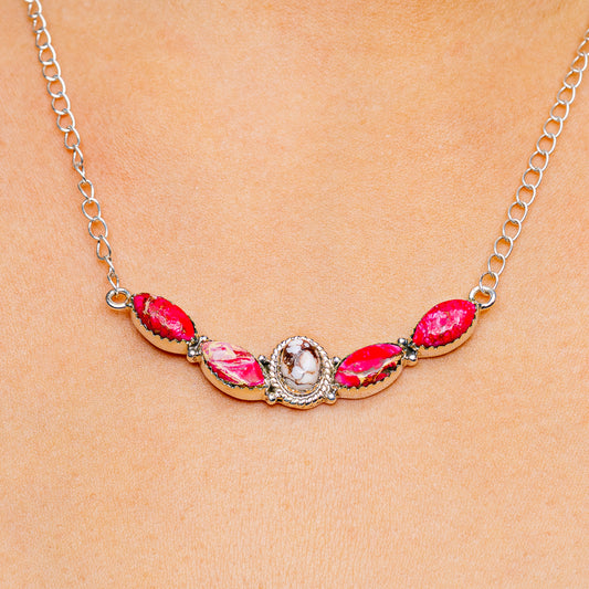Pink oval gemstone necklace with .925 sterling silver chain and center round silver charm