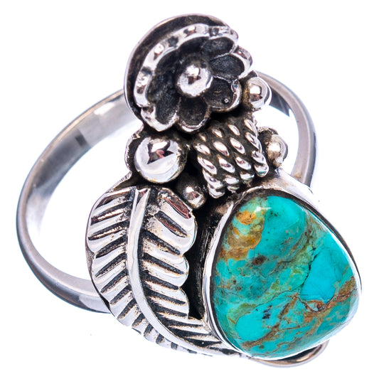 Turquoise teardrop ring in .925 sterling silver with floral and leaf-style settings