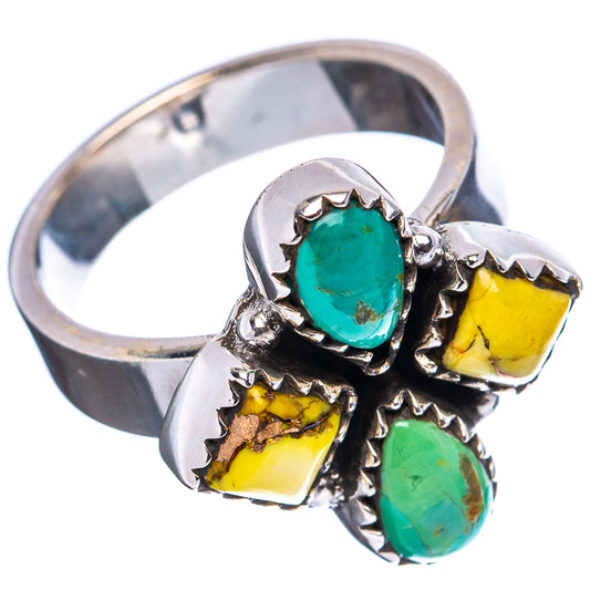 Adjustable sterling silver ring with oval turquoise and yellow square stones
