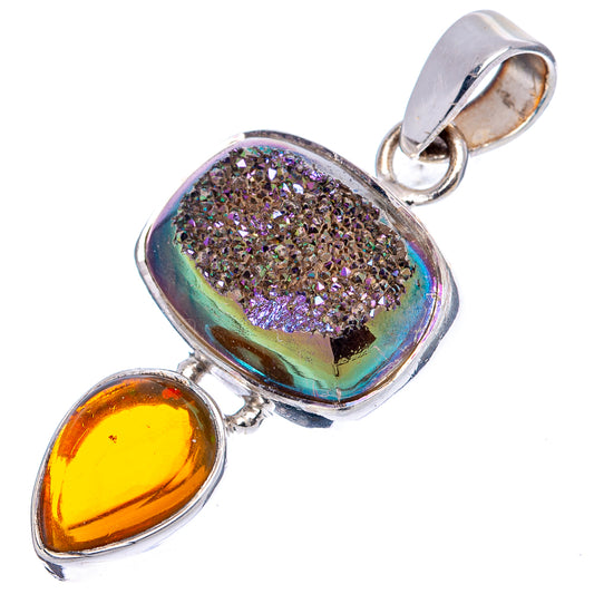 Sterling silver bail pendant with rainbow druzy and amber oval teardrop charms