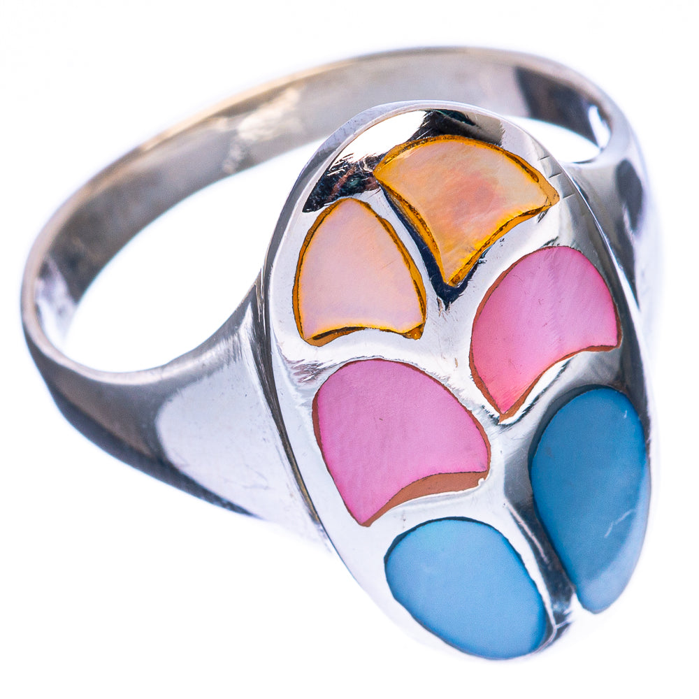 Sterling silver ring with mother-of-pearl inlay petals, pink, blue, and amber tones, side view