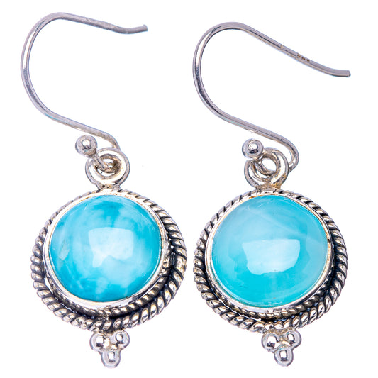 Larimar drop earrings in .925 sterling silver, round blue stones, rope border