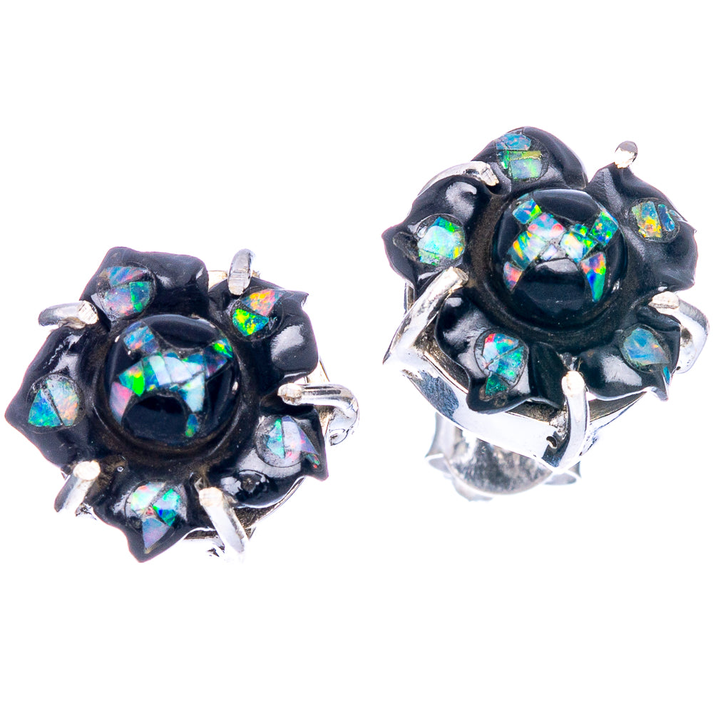 Pair of black onyx opal earrings, 925 sterling silver, circular cluster with prong setting