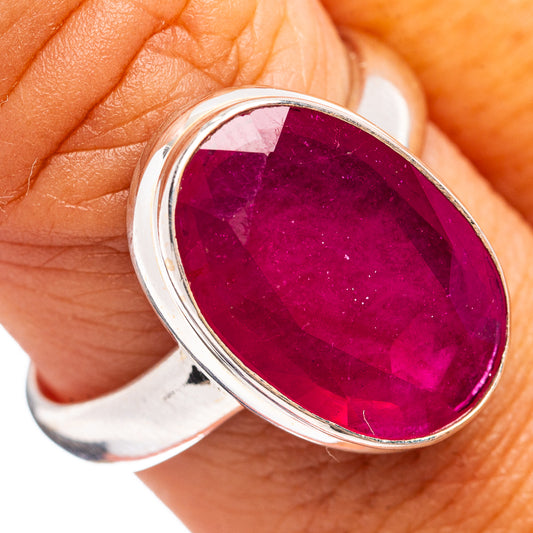 Ruby glass-filled ring with oval magenta stone in .925 sterling silver bezel