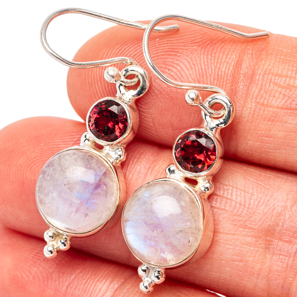 Rainbow Moonstone, Garnet Earrings 1 3/8" (.925 Sterling Silver)