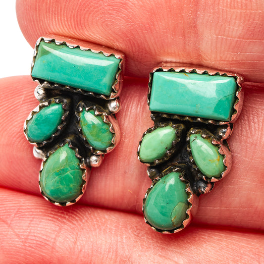 Turquoise cabochon cluster earrings in silver-tone setting, scalloped edges.