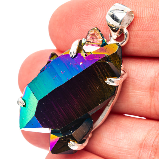 Sterling silver aura quartz pendant with prong settings and rainbow iridescent crystal