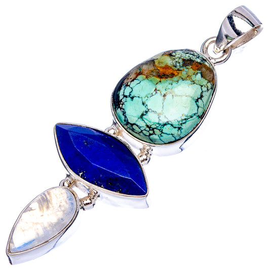 Sterling silver gemstone pendant featuring oval turquoise, blue lapis, and iridescent moonstone.