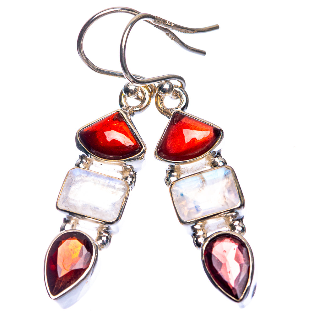 Rainbow Moonstone, Garnet Earrings 1 1/2" (925 Sterling Silver) E432625